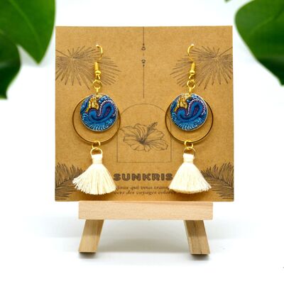 Dangling Earrings in Blue and Orange African Wax Resin with White Pompom