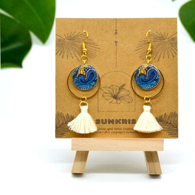 Dangling Earrings in Blue and Orange African Wax Resin with White Pompom