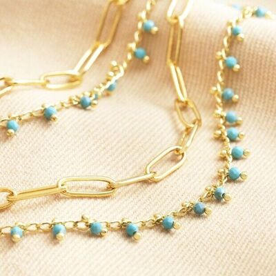 Teal Stone Droplet and Cable Chain Layered Necklace in Gold