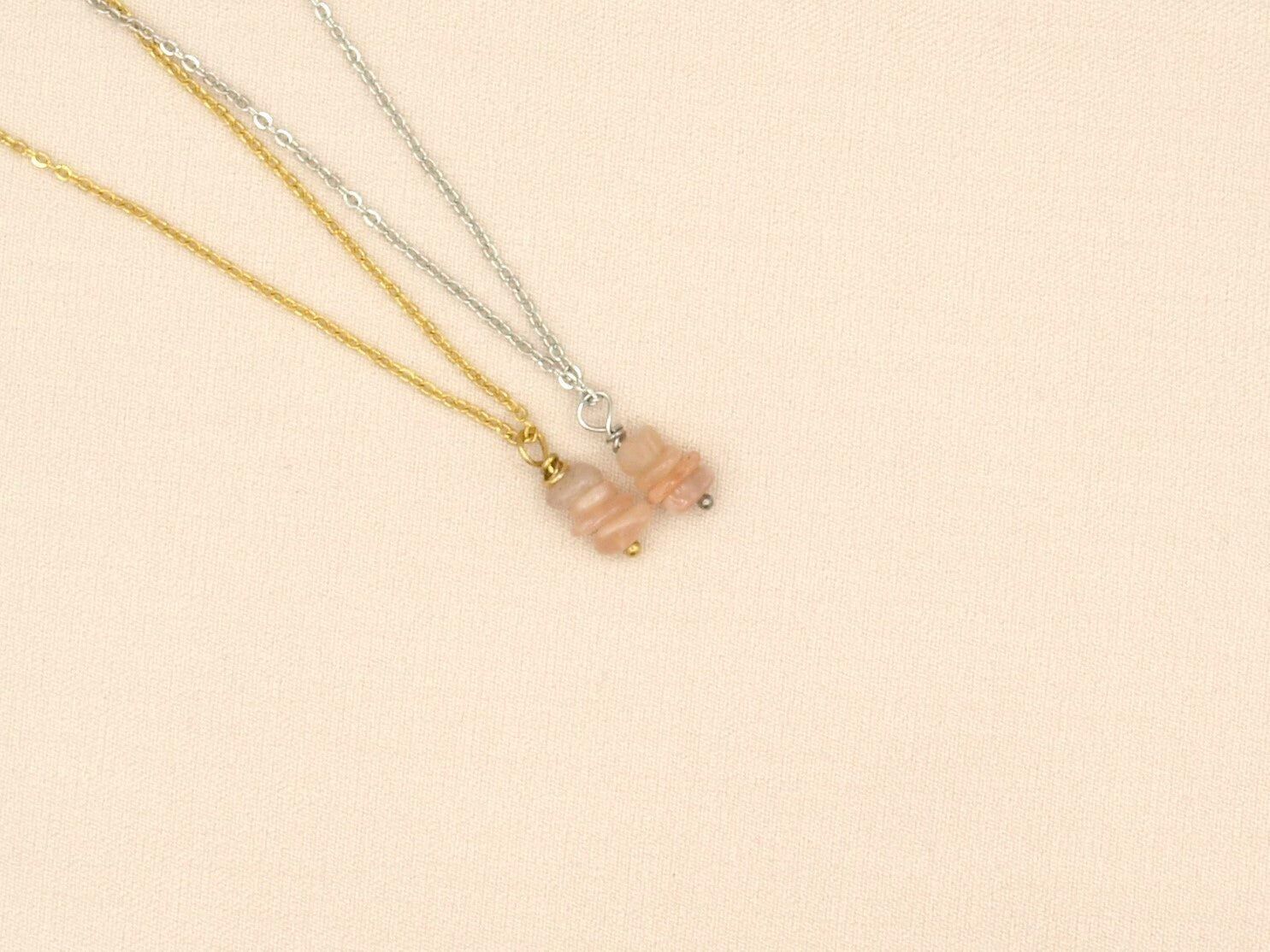 Collier pierre, pierre de soleil, acier inoxydable argent ou or