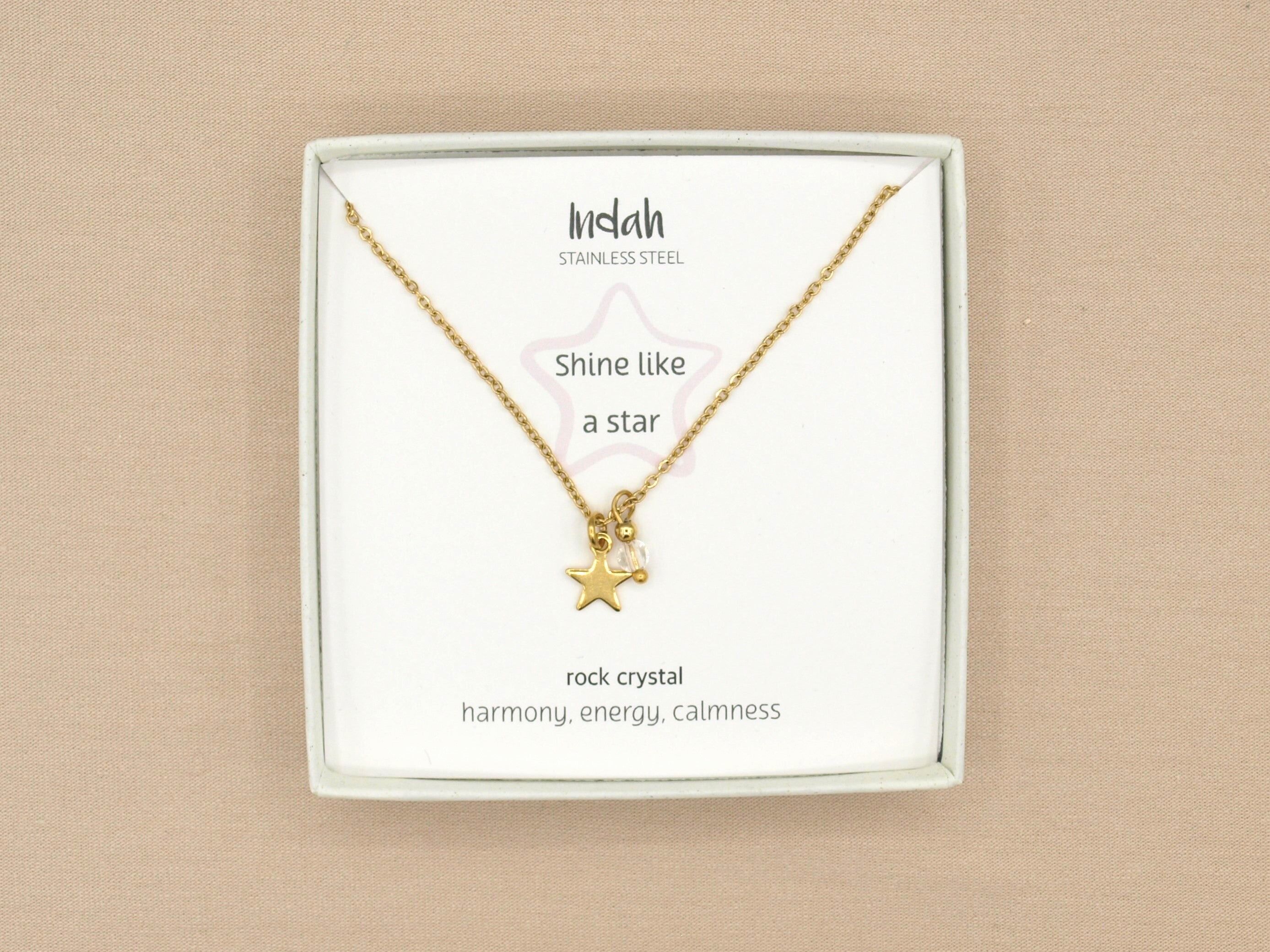 Collier cristal de roche, étoile et montagne, acier inoxydable argenté ou doré
