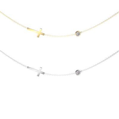 Collier en Acier Inoxydable - Zirconium et Croix - Argenté ou Doré