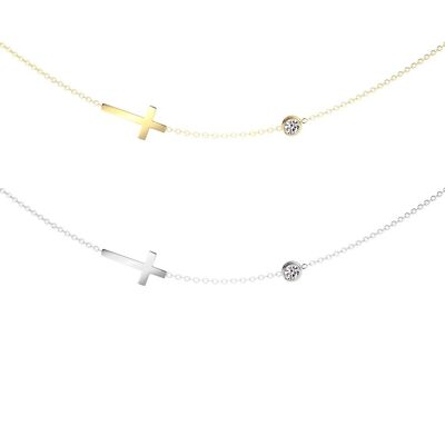 Stainless Steel Necklace - Zirconium and Cross - Silver or Gold