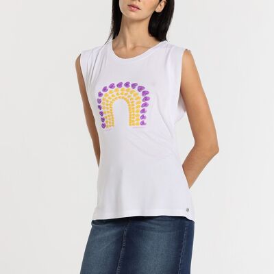 LOIS JEANS -T-shirt top manica corta con paillettes cuore