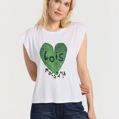 LOIS JEANS -T-Shirt mit Flügelärmeln und Rundhalsausschnitt. Druckblatt mit glänzenden schwarzen Besätzen