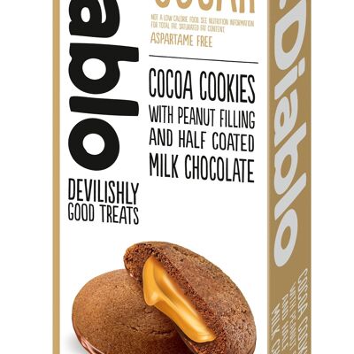 Biscuits au cacao fourrés aux arachides et demi-enrobés de chocolat au lait