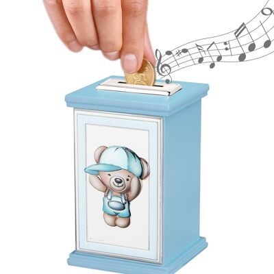 Hucha infantil plateada 8x8x12 cm con caja de música Línea "Piccoli Amici" - Azul claro