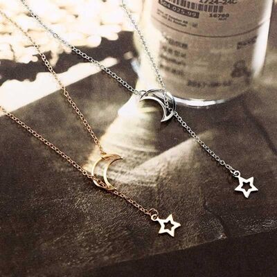 MOON STAR: Moon and Star Pendant Long Necklace