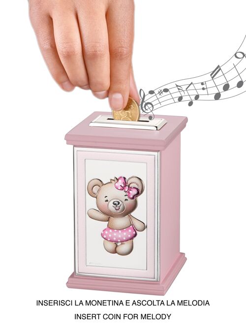 Salvadanaio Bambina Argentato 8x8x12 cm con Carillon Linea "Piccoli Amici" Rosa