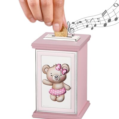 Silbernes Sparschwein für Mädchen 8x8x12 cm mit Spieluhr „Piccoli Amici“ Pink Line
