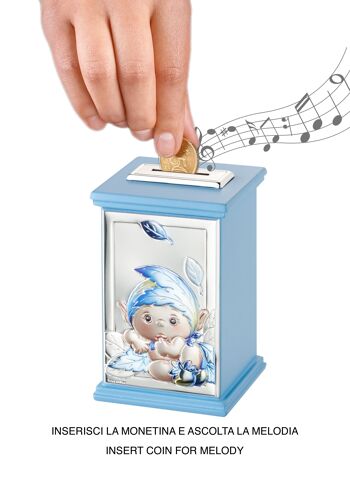 Tirelire Enfant Argent 8x8x12 cm avec Boîte à Musique Ligne "Elfes des Bois" - Bleu Clair 1
