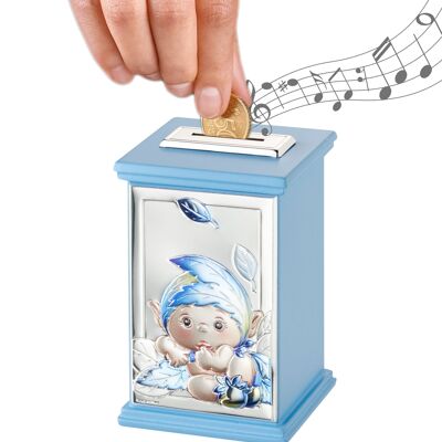 Hucha Infantil Plateada 8x8x12 cm con Caja de Música Línea "Elfos del Bosque" - Azul Claro