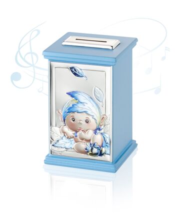 Tirelire Enfant Argent 8x8x12 cm avec Boîte à Musique Ligne "Elfes des Bois" - Bleu Clair 2