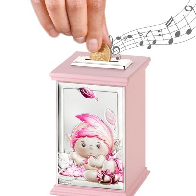 Silver Piggy Bank for Girls 8x8x12 cm with Music Box "Woodland Elves" Line Pink