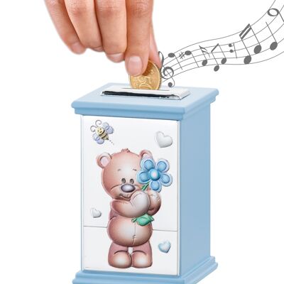 Tirelire Enfant Argent 8x8x12 cm avec Boîte à Musique Ligne "Ours en Peluche" - Bleu Clair