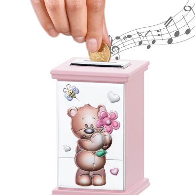 Silbernes Sparschwein für Mädchen, 8 x 8 x 12 cm, mit Spieluhr, rosa Linie „Teddybär“.