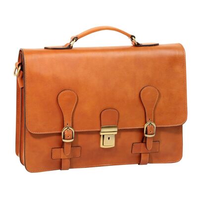 Leather briefcase with buckles. Colonial Brown