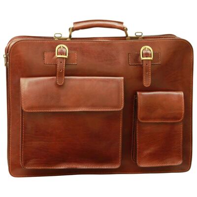 Leather briefcase with front pockets (magnetic closure). Brown