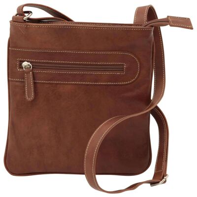 Leather shoulder bag with zip pocket. Chestnut