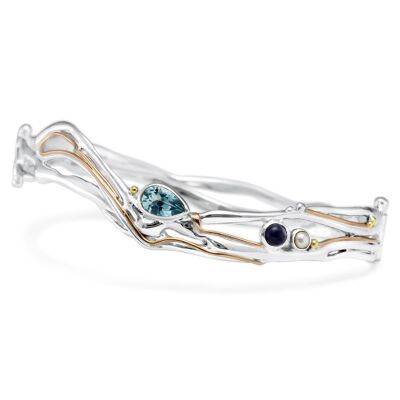 Organic Silver Bangle with Blue Topaz, Iolite and Freshwater Pearl