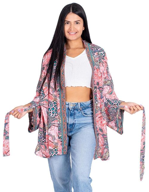 Kimono Corto con Lazo Estampado Rosa