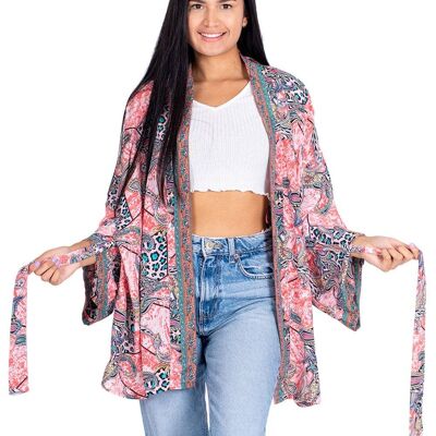 Kimono court avec noeud imprimé rose