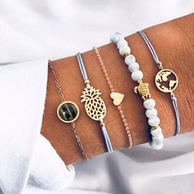 NICKI-ARMBAND: Set mit 5 Armbändern im tropischen Stil, Ananas, Erde und Schildkröte