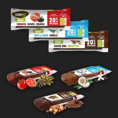 Sports discovery pack - Organic protein fruit bars - 3 recipes: coconut & vanilla + Raw cocoa & hazelnuts + Tomatoes, pumpkin seeds & olives - 20% protein, vegan, gluten-free, healthy snack for athletes