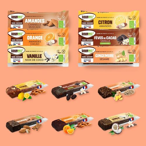 Pack découverte gourmand -  Barres Fruits bio - 6 parfums : Fèves de cacao + Orange & cacao + Gingembre & sésame + Amandes, cannelle & Muscade + Vanille & Coco + Citron Amandes , vegan, sans gluten, encas sain