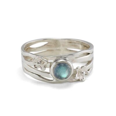 Multi-Banded Sterling Silver Moonstone Ring with Two Flowers