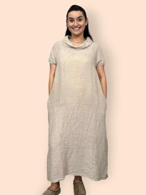 Eco-Friendly Sustainable Pure Linen Cowl Draped Neck Maxi Dress