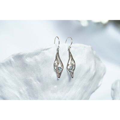 Molten Silver Drop Earrings with Blue Topaz and Pearl