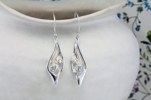 Molten Silver Drop Earrings with Blue Topaz and Pearl