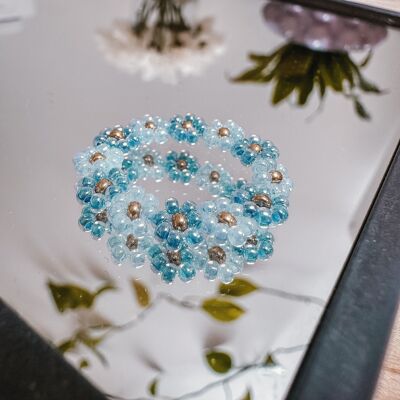 Flower ring made of glass beads BLUE WATER