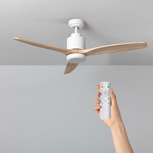 TechBrey Ventilador de Techo Silencioso Mersin Blanco Madera 132cm Motor DC para Exterior Mando a Distancia , Sin Luz