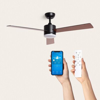 TechBrey Fleves Silent Ceiling Fan 132cm Black DC Motor, Blades: Dark Wood, With Light, Wall Controller + Remote, Wifi: Yes