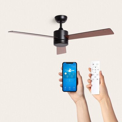 TechBrey Fleves Silent Ceiling Fan 132cm Black DC Motor, Blades: Dark Wood, Without Light, Wall Controller + Remote, Wifi: Yes