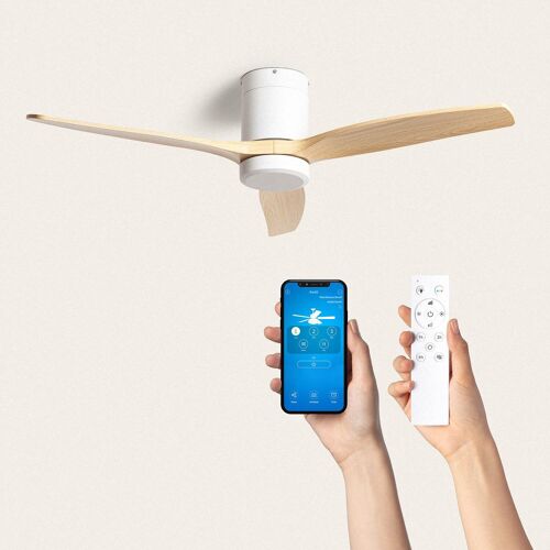 TechBrey Ventilador de Techo Silencioso Angistri Blanco 132cm Motor DC , Aspas: Madera Clara , Sin Luz , Mando a Distancia , Wifi: Sí