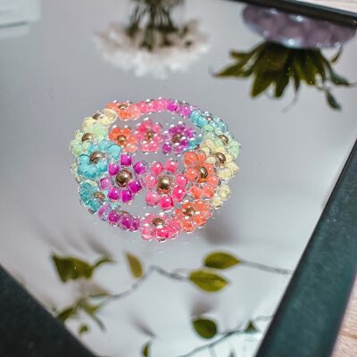 Flower ring made of glass beads RAINBOW