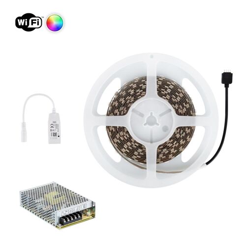 Ledkia Kit Tira LED RGB 24V DC 60LED/m 5m WiFi IP20 Ancho 10mm con Fuente de Alimentación y Controlador Corte cada 5cm RGB