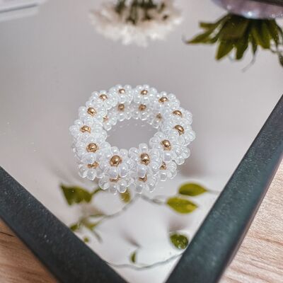 Bague fleur en perles de verre OR BLANC