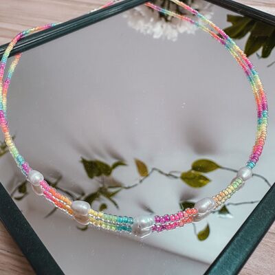 Colorful pearl necklace made of glass beads RAINBOW