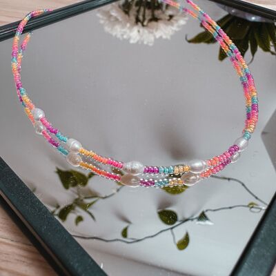 Colorful pearl necklace made of glass beads SUNRISE