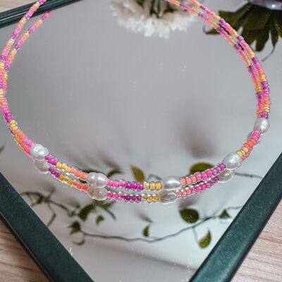 Colorful pearl necklace made of glass beads SUNSET