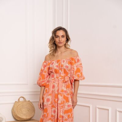 Langes Kleid aus Baumwolle mit Orangenblüten-Print – 81018