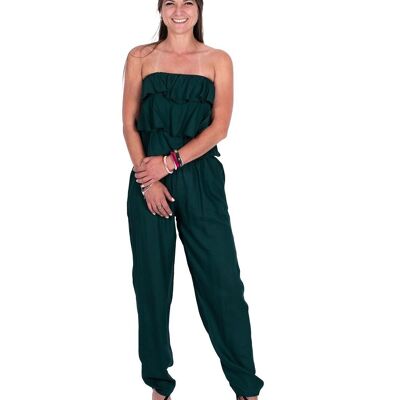 Women's Long Jumpsuit with Green Strapless Ruffle