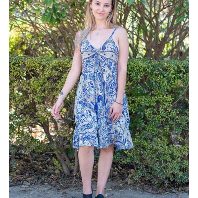 Vestido Media Pierna Azul Claro Estampado con Tirantes