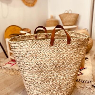 Doum -XL wicker basket with leather handles