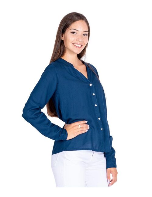 Blusa con Botones Camisa Azul Cuello Mao