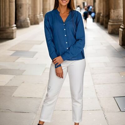 Blouse with Buttons Blue Mandarin Collar Shirt